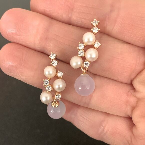 Purple Chalcedony & Real Pearl Drop Earrings with Rhinestones Vintage Style NEW - Picture 1 of 7